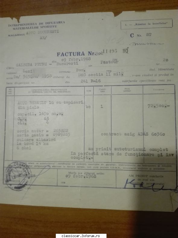 Renault 16 TL - Foto Factura originala. Masina a fost - Vanzari auto-moto clasice direct de catre proprietari