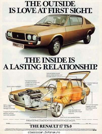 Renault R12 / R15 / R17 si versiunile lor - Reclama englezeasca din 1976 - File de istorie