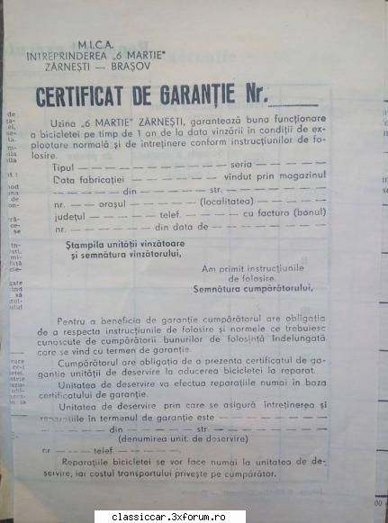 Vand diverse pentru bicicleta - Certificatul de garantie de la " Uzina 6 Martie - Vanzari-Cumparari biciclete