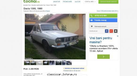 anunturi romanesti vazute pe net - Dacia 1300, anul fabricatiei 1972, stare perfecta - Anunturi vazute pe net
