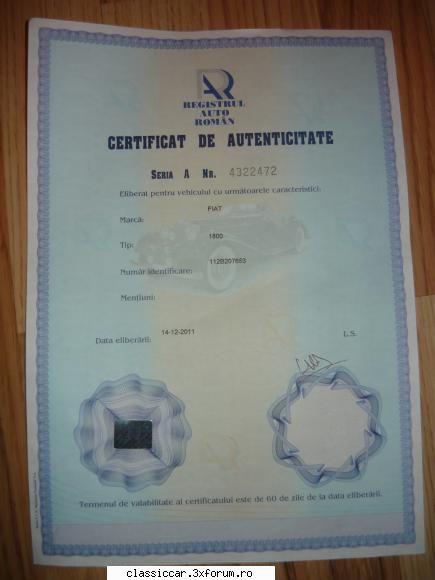 fiat 1800 din 67 - poza certificat RAR - Prezentare masini